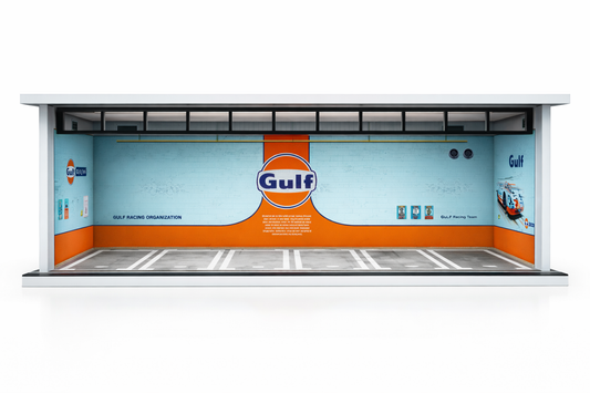 Gulf Racing Garage Diorama Display – Premium 1:64 Scale Diecast Car Showcase