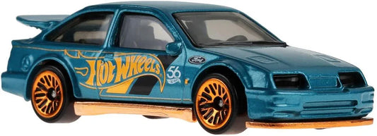 Hot Wheels 1:64 scale die-cast vehicle 87 Ford Sierra Cosworth with turquoise- and copper-colored deco to celebrate HW 56th anniversary