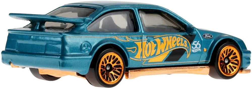 Hot Wheels 1:64 scale die-cast vehicle 87 Ford Sierra Cosworth with turquoise- and copper-colored deco to celebrate HW 56th anniversary